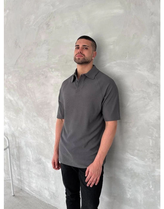 Yakalı Patlı Kısa Kol T-shirt - Antrasit -