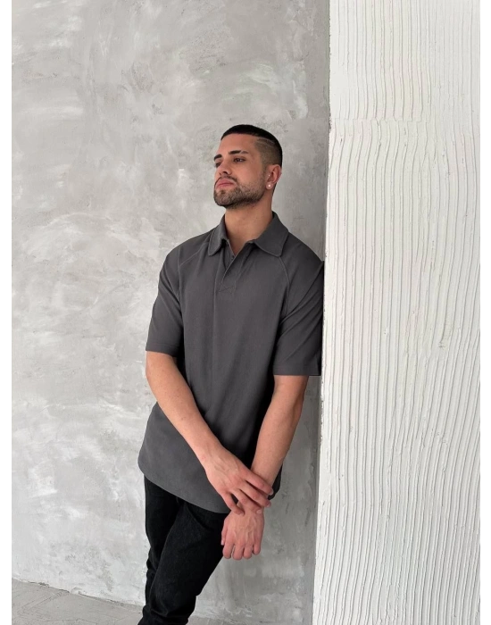 Yakalı Patlı Kısa Kol T-shirt - Antrasit -