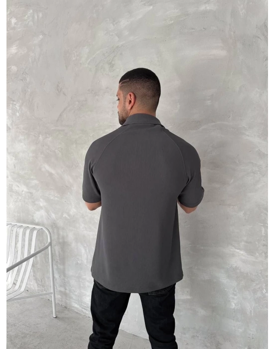 Yakalı Patlı Kısa Kol T-shirt - Antrasit -