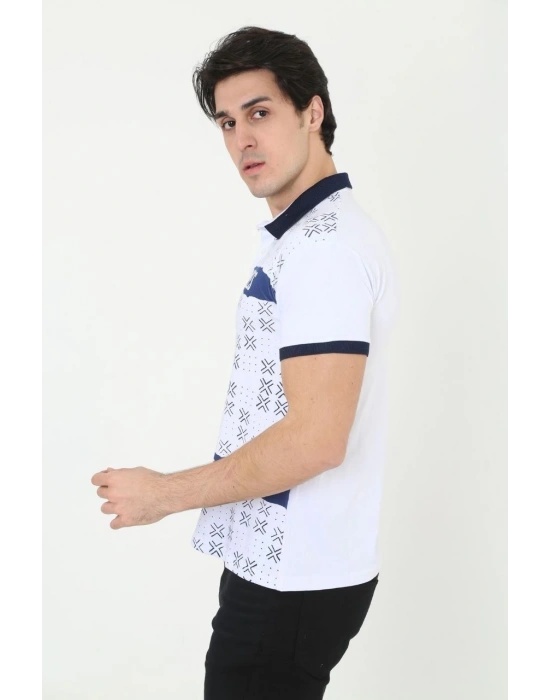 Yakalı Slim Fit Baskılı T-Shirt - Beyaz -