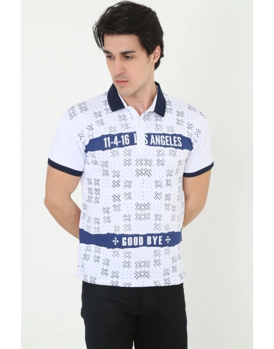 Yakalı Slim Fit Baskılı T-Shirt - Beyaz -