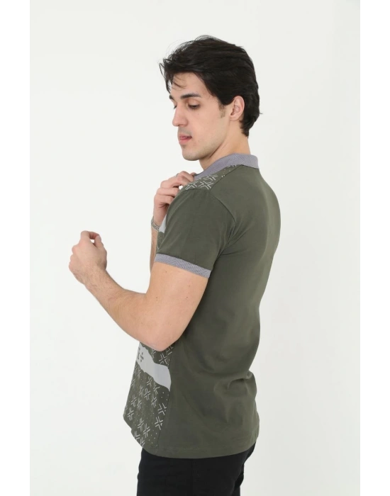 Yakalı Slim Fit Baskılı T-Shirt - Haki -