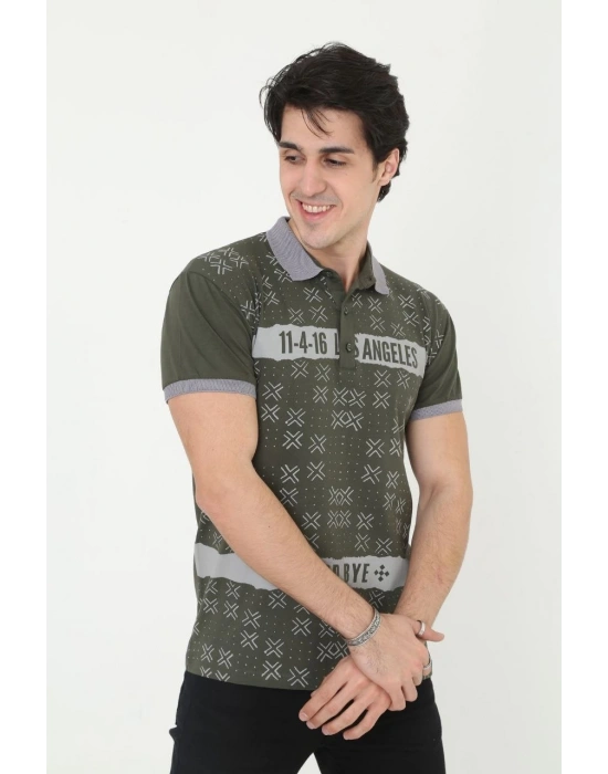 Yakalı Slim Fit Baskılı T-Shirt - Haki -