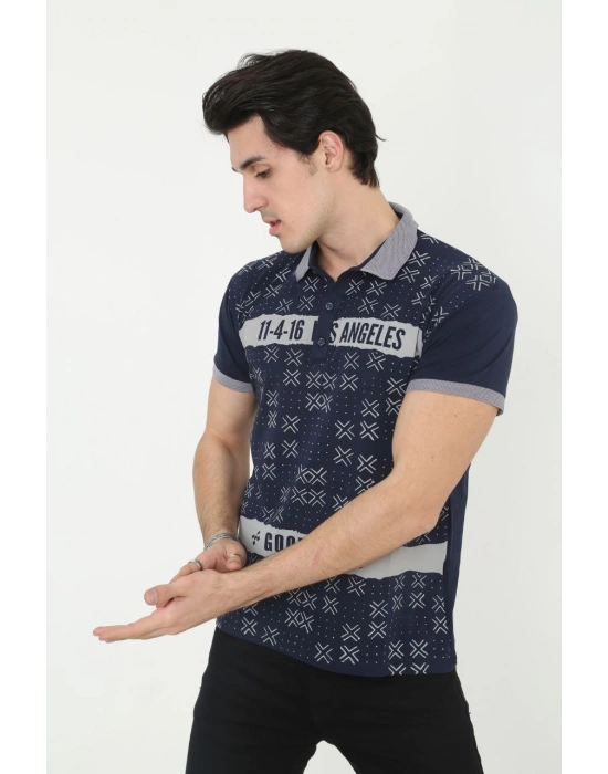 Yakalı Slim Fit Baskılı T-Shirt - Lacivert -