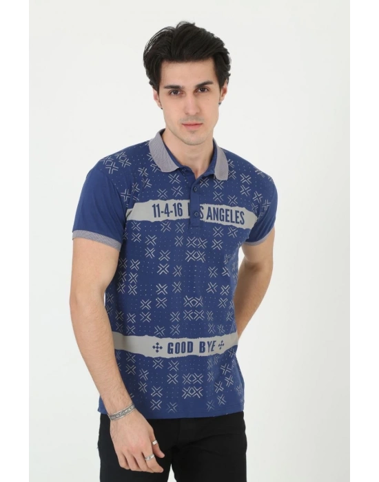 Yakalı Slim Fit Baskılı T-Shirt - Mavi -