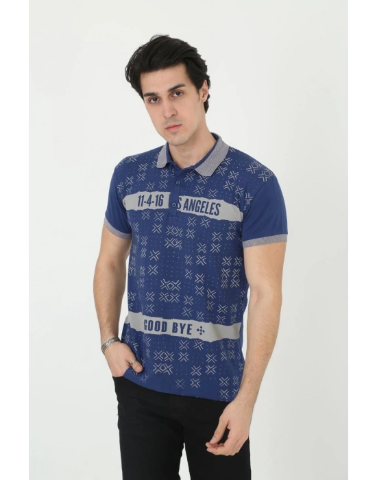 Yakalı Slim Fit Baskılı T-Shirt - Mavi -