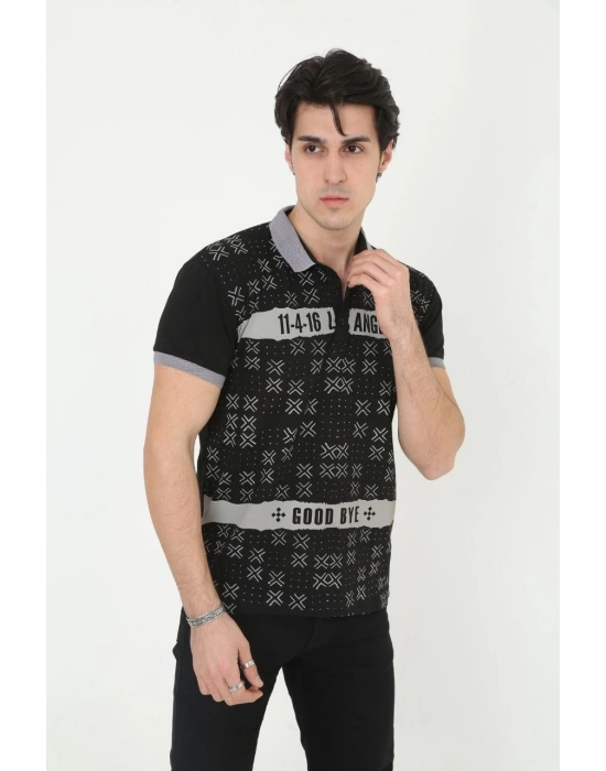 Yakalı Slim Fit Baskılı T-Shirt - Siyah -