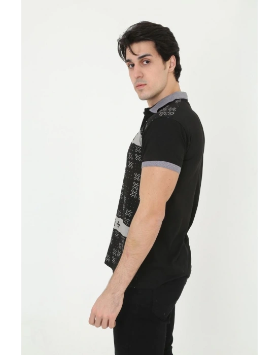 Yakalı Slim Fit Baskılı T-Shirt - Siyah -