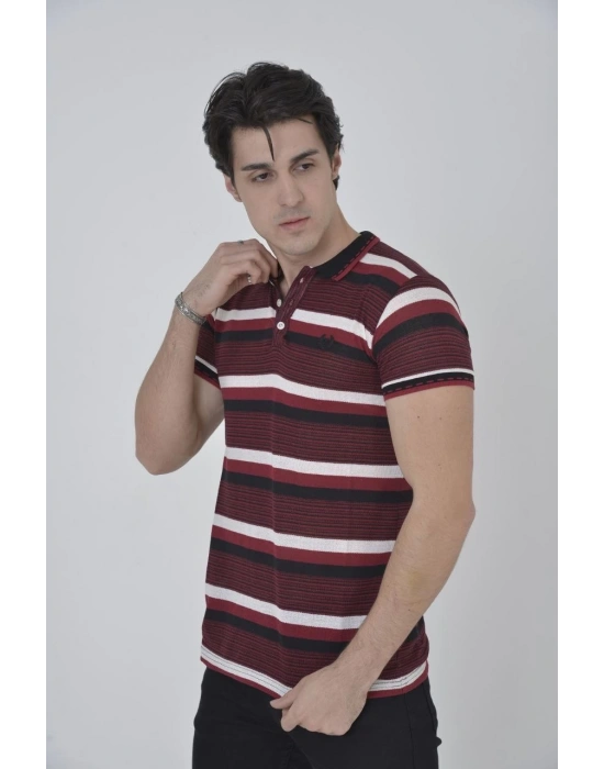 Yakalı Slim Fit Dokuma Çizgili T-Shirt - Bordo -