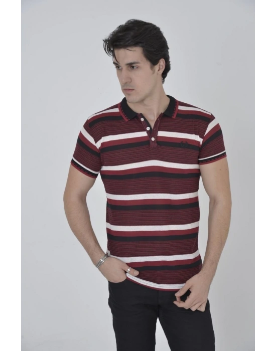 Yakalı Slim Fit Dokuma Çizgili T-Shirt - Bordo -