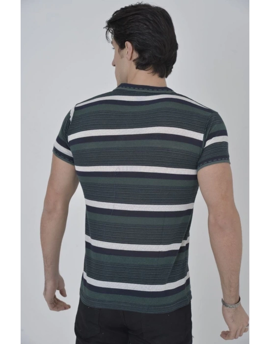 Yakalı Slim Fit Dokuma Çizgili T-Shirt - Haki -