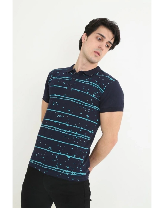 Yakalı Slim Fit Pike Çizgili T-Shirt - Lacivert -