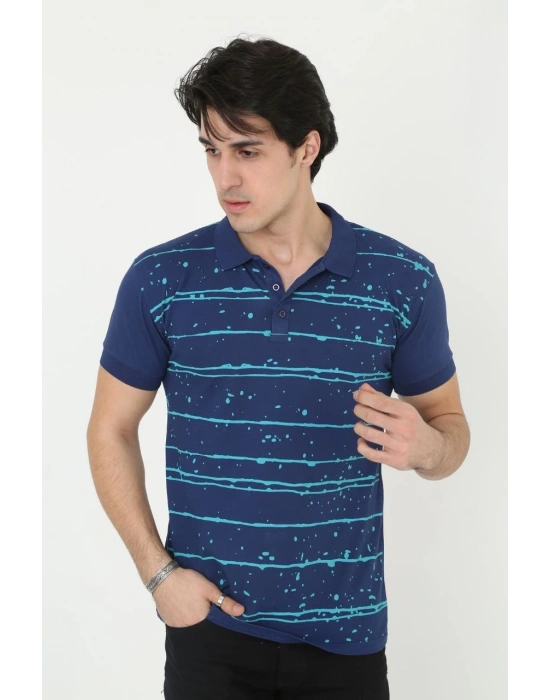 Yakalı Slim Fit Pike Çizgili T-Shirt - Mavi -