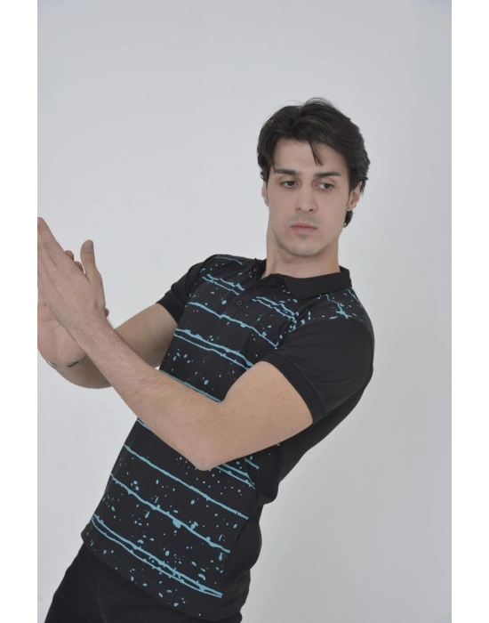 Yakalı Slim Fit Pike Çizgili T-Shirt - Siyah -