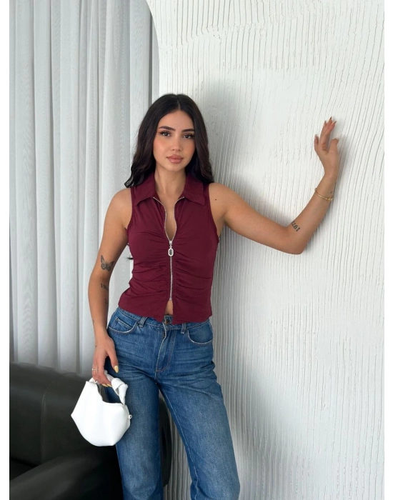 Yakalı Tam Fermuarlı Kolsuz Bluz - Bordo -