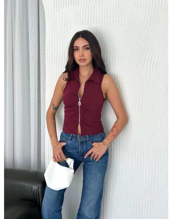 Yakalı Tam Fermuarlı Kolsuz Bluz - Bordo -