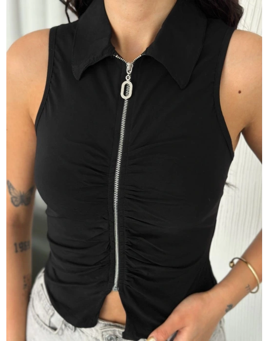 Yakalı Tam Fermuarlı Kolsuz Bluz - Siyah -