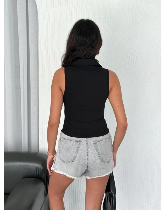 Yakalı Tam Fermuarlı Kolsuz Bluz - Siyah -