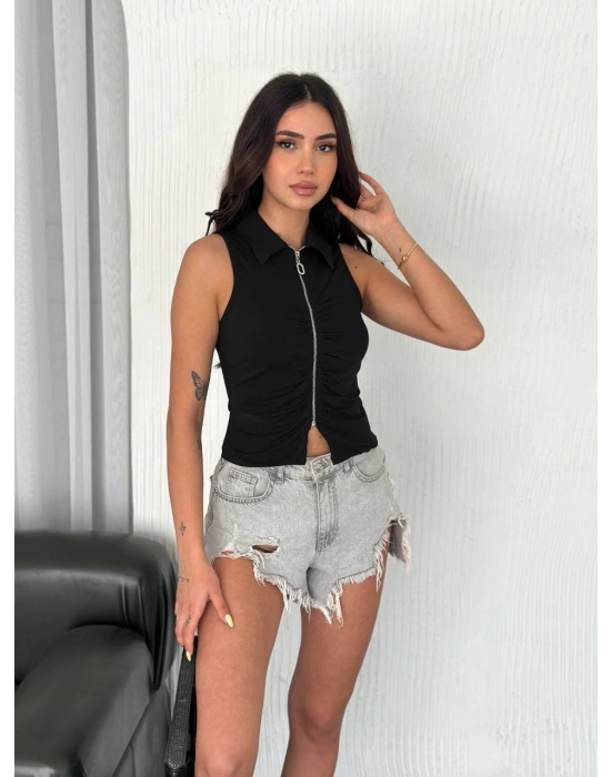 Yakalı Tam Fermuarlı Kolsuz Bluz - Siyah -