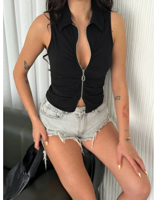 Yakalı Tam Fermuarlı Kolsuz Bluz - Siyah -