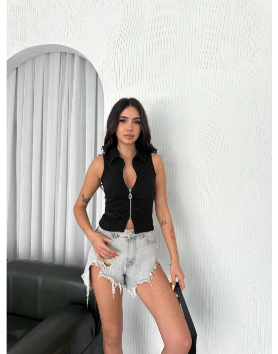 Yakalı Tam Fermuarlı Kolsuz Bluz - Siyah -