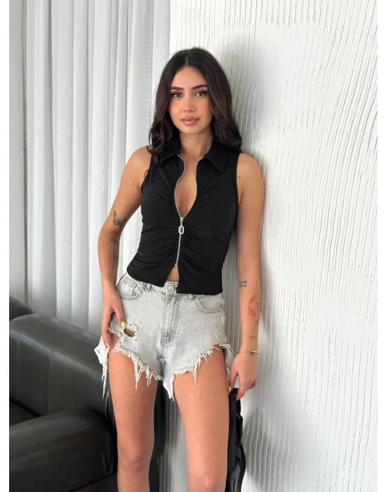 Yakalı Tam Fermuarlı Kolsuz Bluz - Siyah -