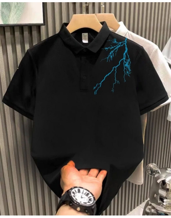 Yakası Düğmeli Oversize Baskılı T-Shirt - Siyah -