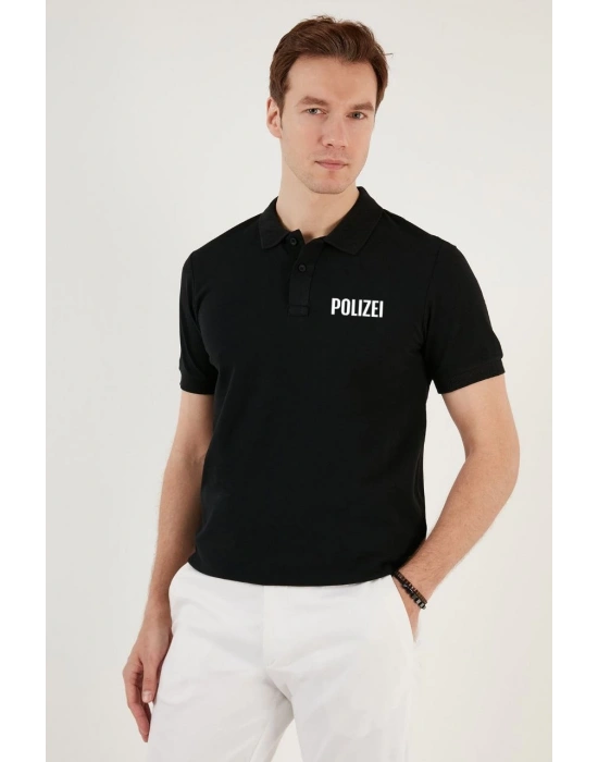 Yakası Düğmeli Yakalı Pike Baskılı T-Shirt - Siyah -