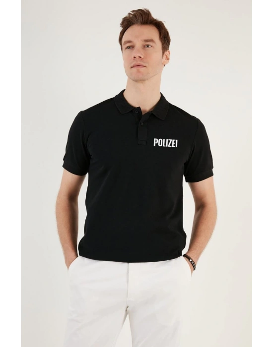 Yakası Düğmeli Yakalı Pike Baskılı T-Shirt - Siyah -