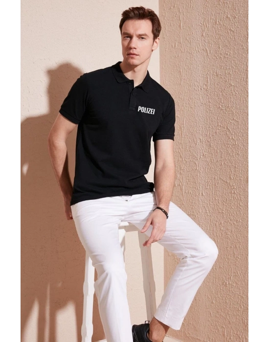 Yakası Düğmeli Yakalı Pike Baskılı T-Shirt - Siyah -