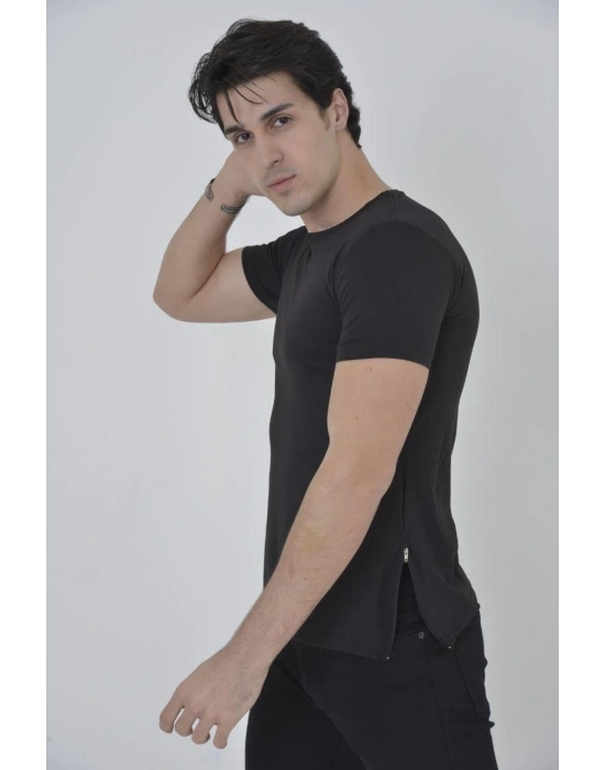 Yandan Fermuarli Slim fit T-shirt - Siyah -