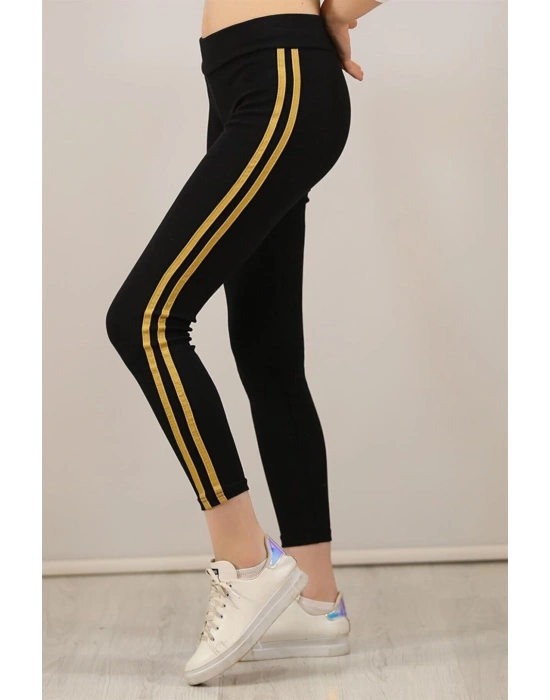 Yanı Sarı Şeritli Tayt - Siyah -