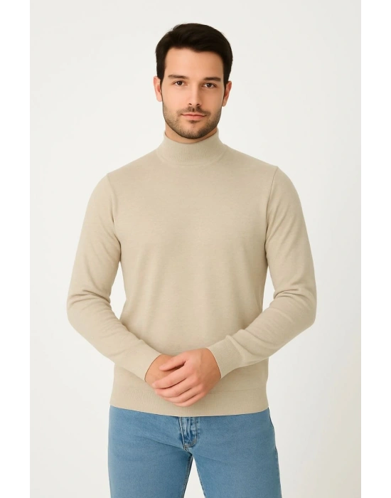 Yarım Boğaz Triko Kazak-hat Regular kalıp - Bej