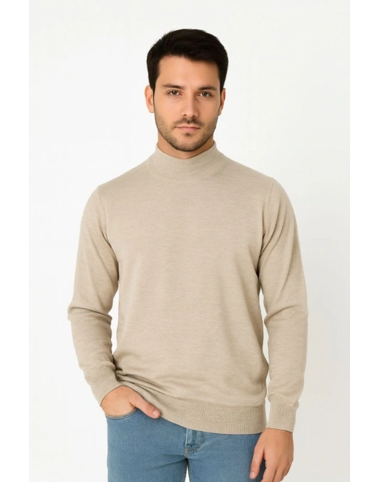 Yarım Boğaz Triko Kazak-hat Regular kalıp - Bej