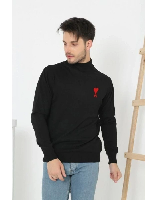 Yarım Boğazlı Baskılı Dokuma Triko - Siyah