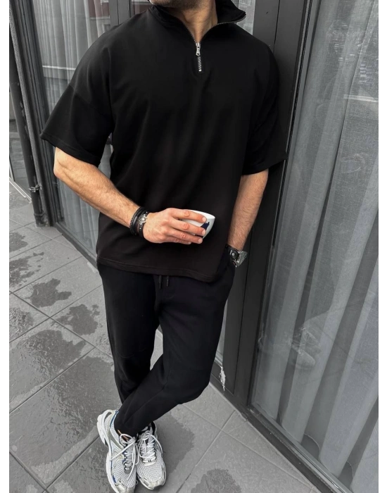 Yarım Fermuarlı Basic T-Shirt - Siyah -