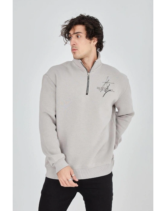 Yarım Fermuarlı Baskılı Sweat - Boyalı Gri -