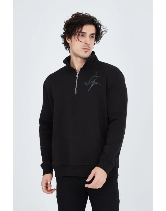 Yarım Fermuarlı Baskılı Sweat - Siyah