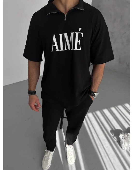 Yarım Fermuarlı Baskılı T-Shirt - Siyah -
