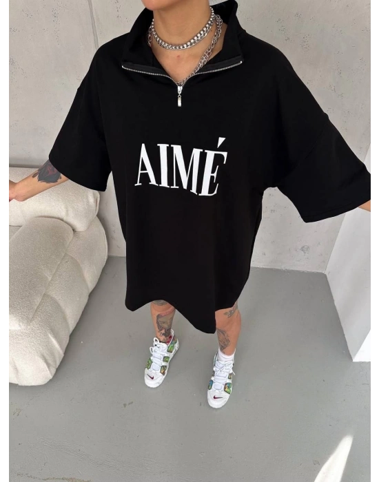 Yarım Fermuarlı Baskılı T-Shirt - Siyah -