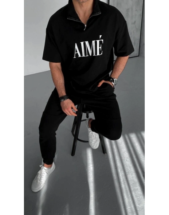 Yarım Fermuarlı Baskılı T-Shirt - Siyah -