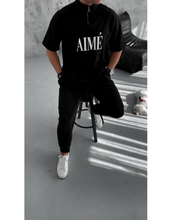 Yarım Fermuarlı Baskılı T-Shirt - Siyah -