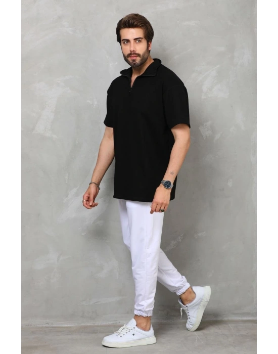 Yarım Fermuarlı Düz Oversize T-shirt - Siyah -