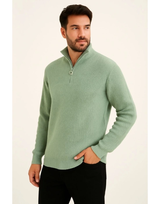 Yarım Fermuarlı Triko Kazak  Mint Yeşili -