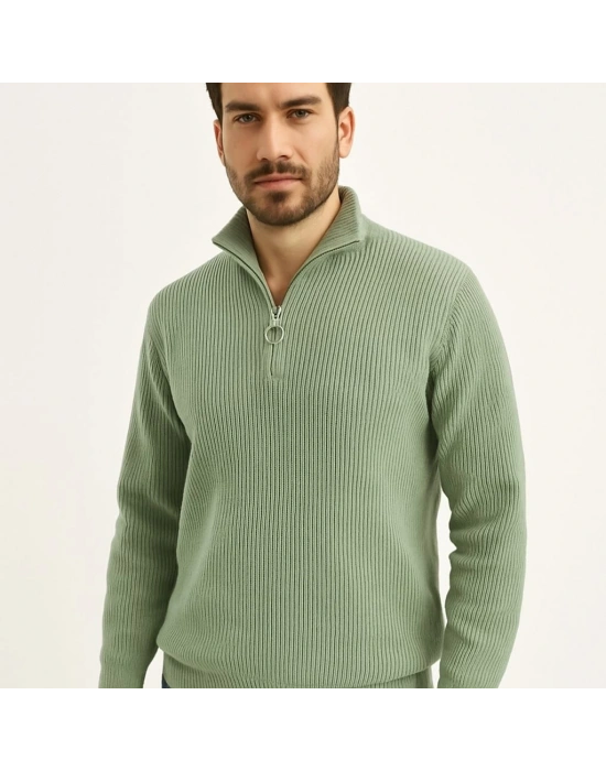 Yarım Fermuarlı Triko Kazak  Mint Yeşili -