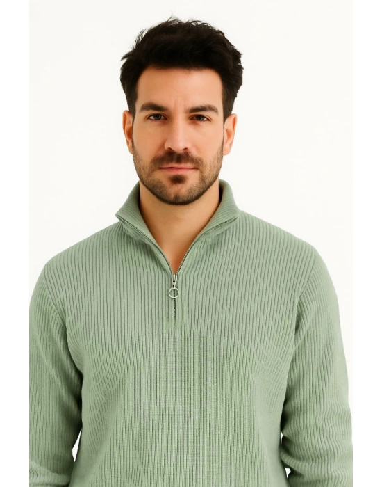 Yarım Fermuarlı Triko Kazak  Mint Yeşili -