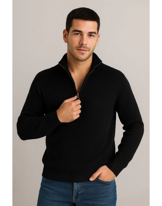 Yarım Fermuarlı Triko Kazak Siyah -