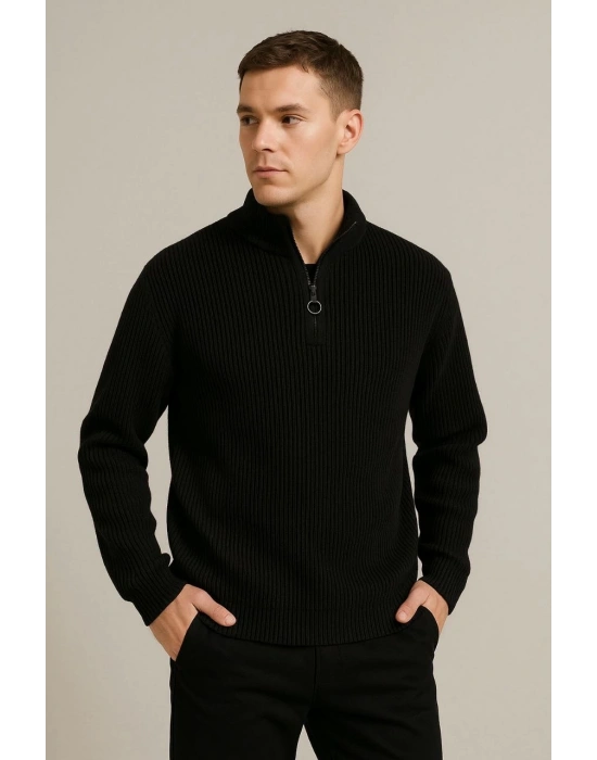 Yarım Fermuarlı Triko Kazak Siyah -