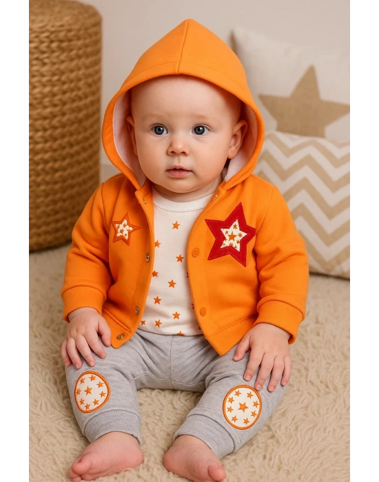 Yıldız Nakışlı Kapişonlu Kız Bebek Takımı