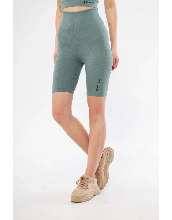 Yüksek Bel Fitilli Biker Baskılı Şort - Mint Yeşili